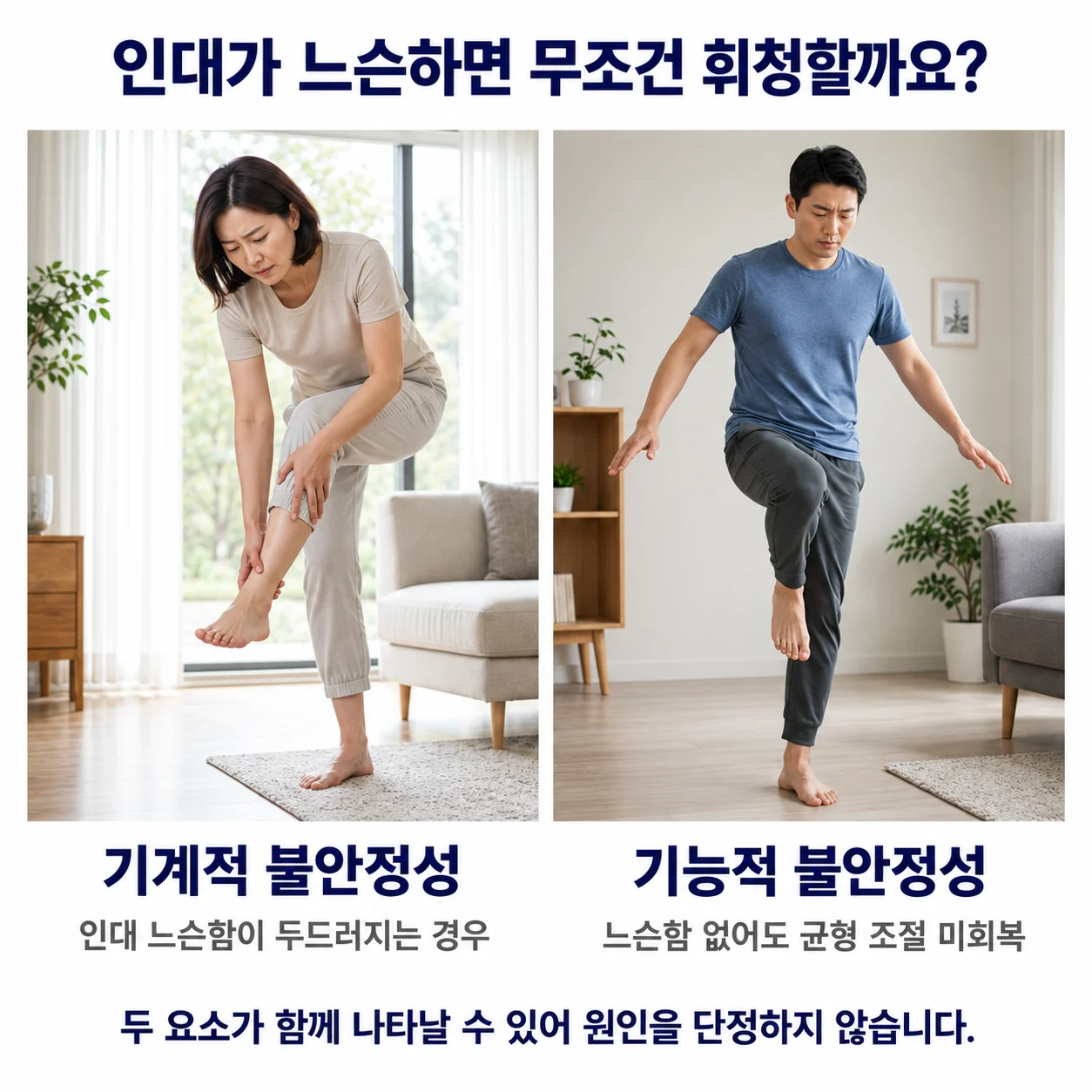 인대가 느슨하면 모두 휘청거릴까요 - 발목을 짚어보는 모습과 한 발로 서서 균형을 확인하는 모습, 기계적 불안정성과 기능적 불안정성