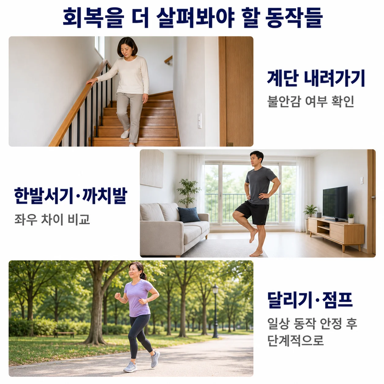 회복을 더 살펴봐야 할 동작들 - 계단 내려가기, 한발 서기·까치발, 달리기·점프 동작에서 좌우 차이 비교