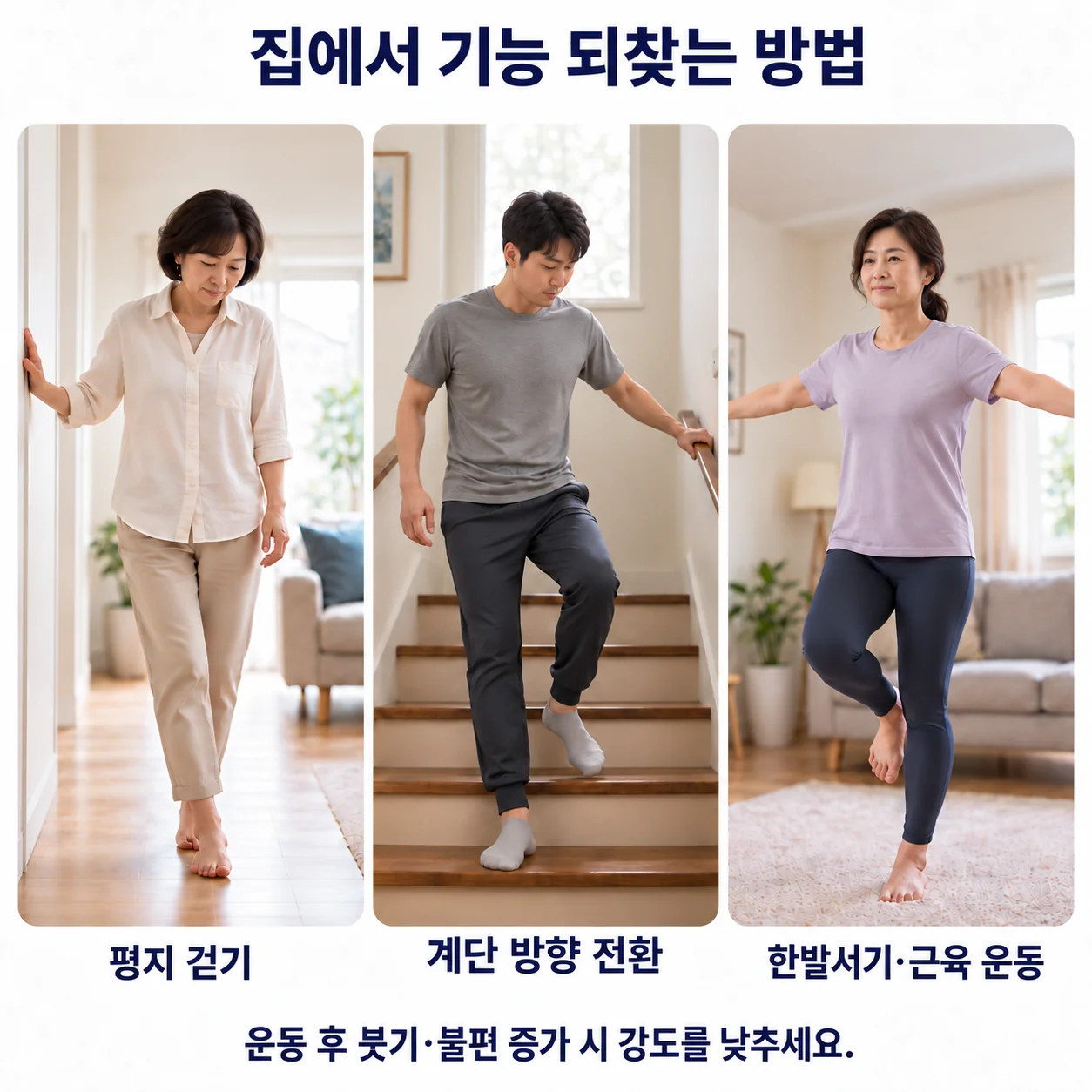 집에서 기능을 되찾는 방법 - 평지 걷기, 계단 방향 전환, 한발 서기·근육 운동을 하는 모습