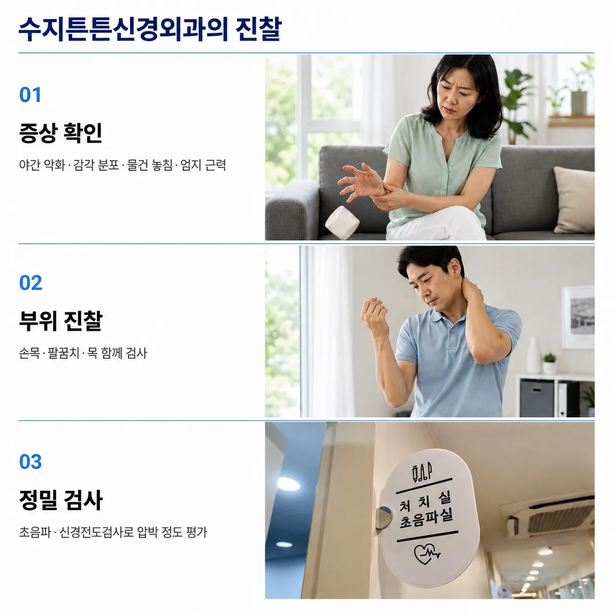 수지튼튼신경외과의 진찰 - 증상 확인, 손목·팔꿈치·목 진찰, 초음파와 신경전도검사