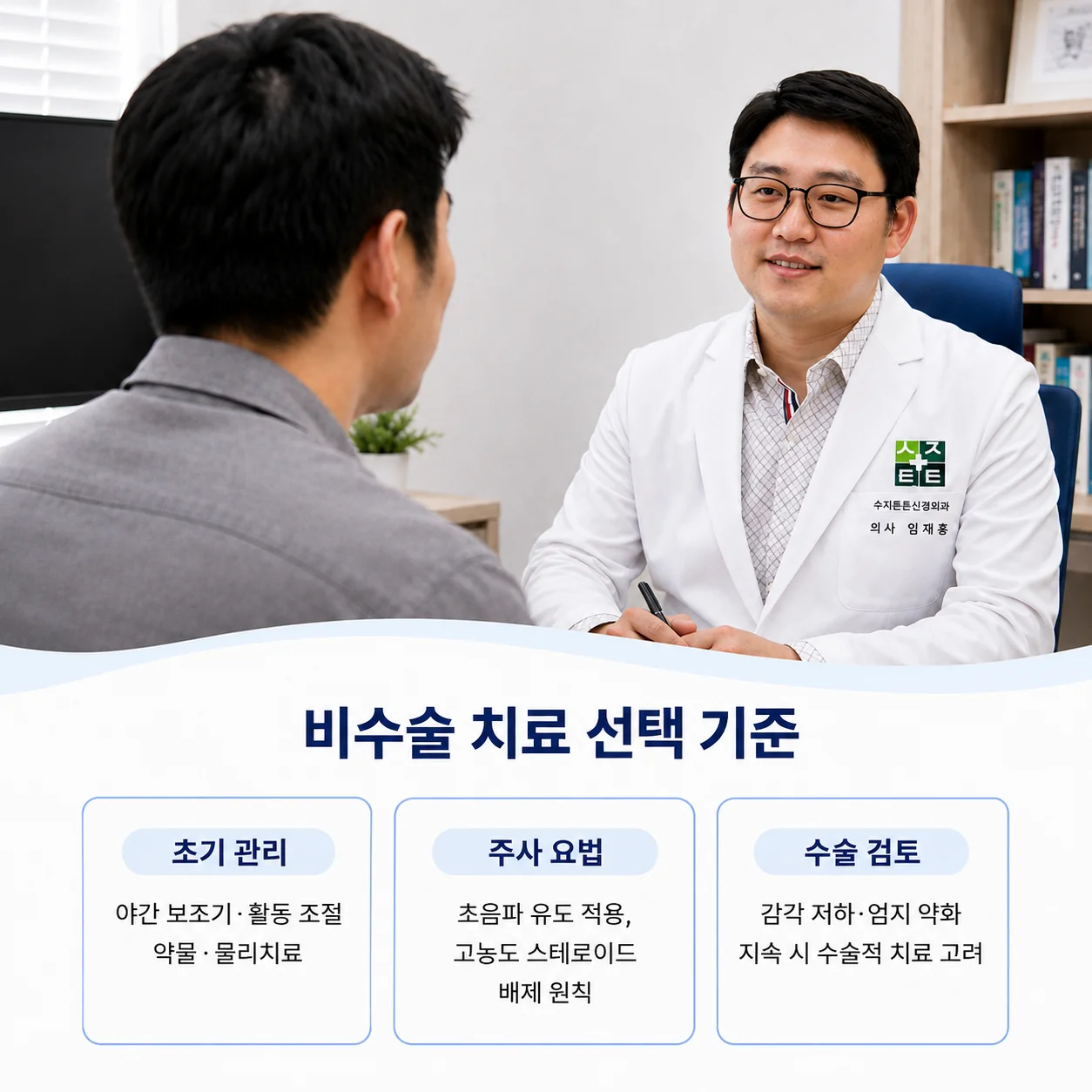 비수술 치료 선택 기준 - 초기 관리, 주사 요법, 수술 검토