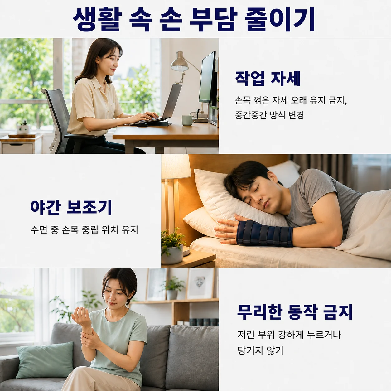 생활 속 손 부담 줄이기 - 작업 자세, 야간 보조기, 무리한 동작 금지