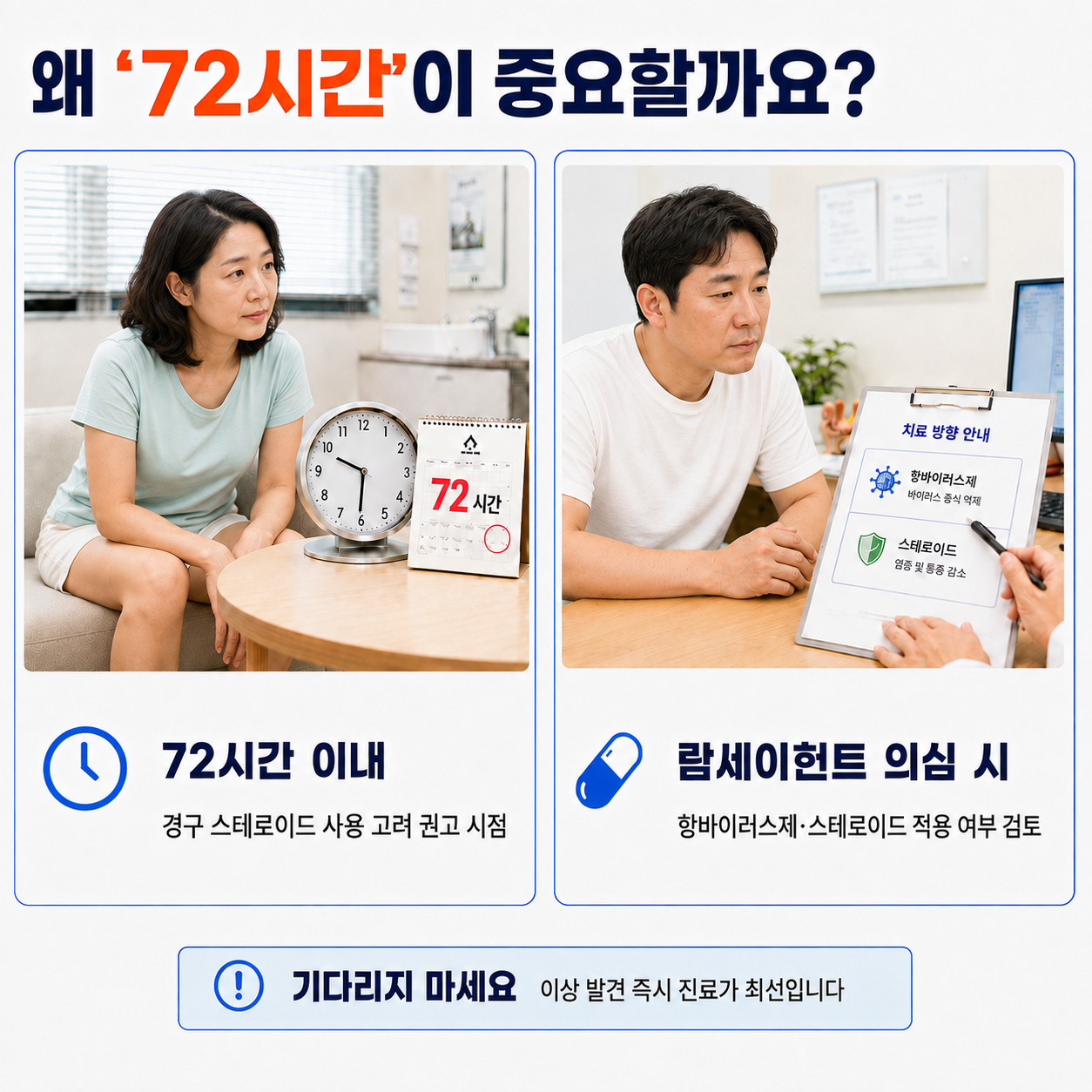 왜 72시간이 중요할까요 - 72시간 이내 경구 스테로이드 고려, 람세이헌트 의심 시 항바이러스제·스테로이드 검토