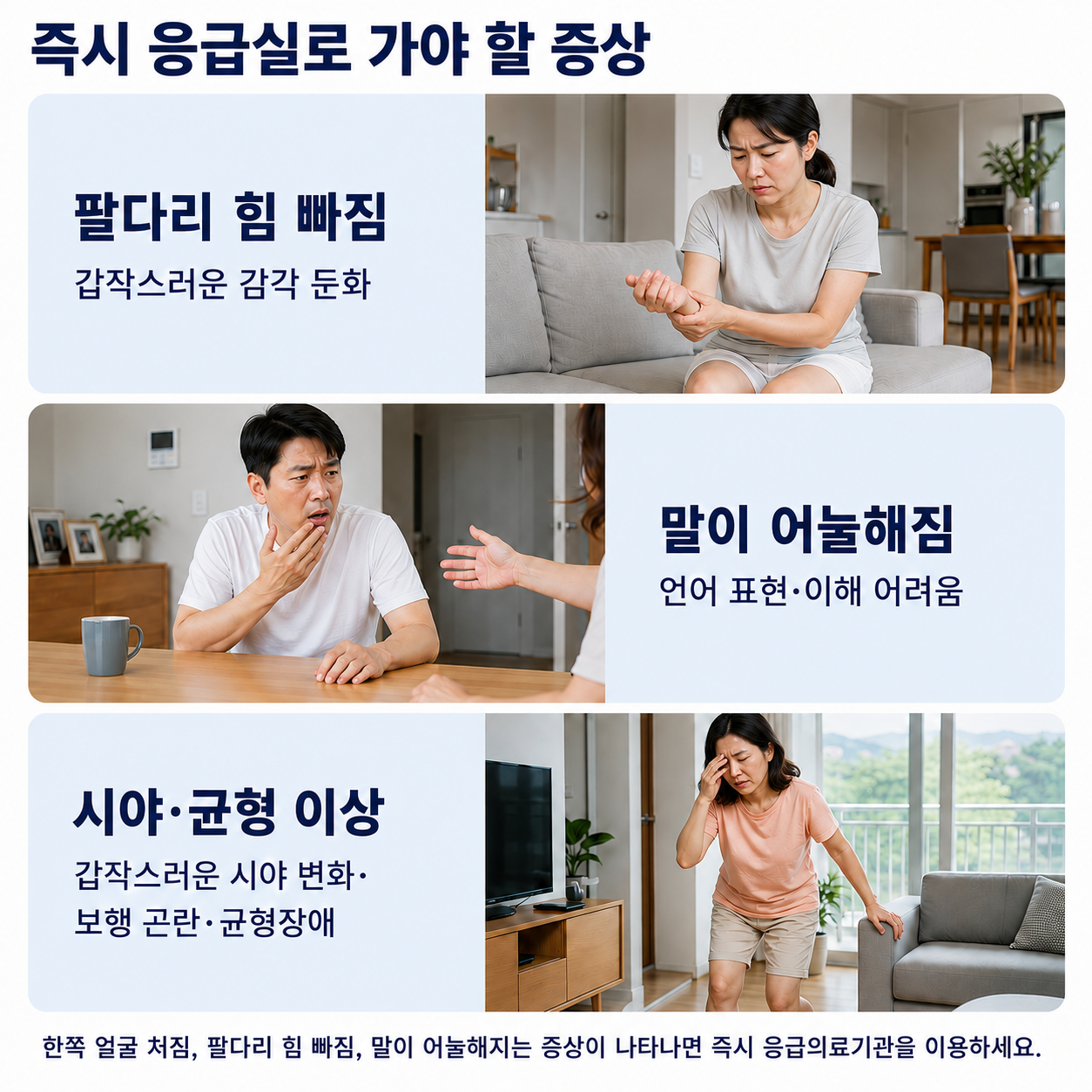 즉시 응급실로 가야 할 증상 - 팔다리 힘 빠짐, 말이 어눌해짐, 시야·균형 이상
