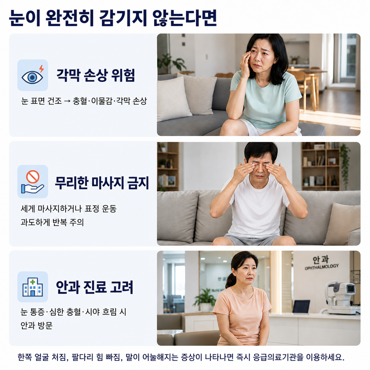 눈이 완전히 감기지 않는다면 - 각막 손상 위험, 무리한 마사지 금지, 필요 시 안과 진료 고려