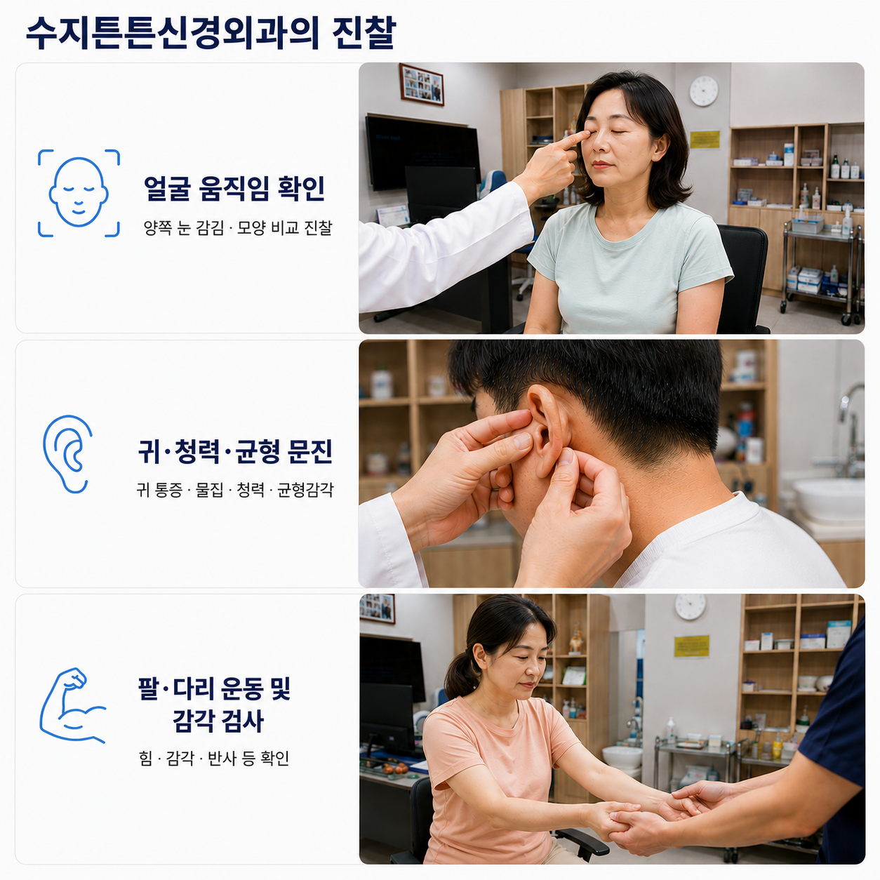 수지튼튼신경외과의 진찰 - 얼굴 움직임 확인, 귀·청력·균형 문진, 팔·다리 운동 및 감각 검사