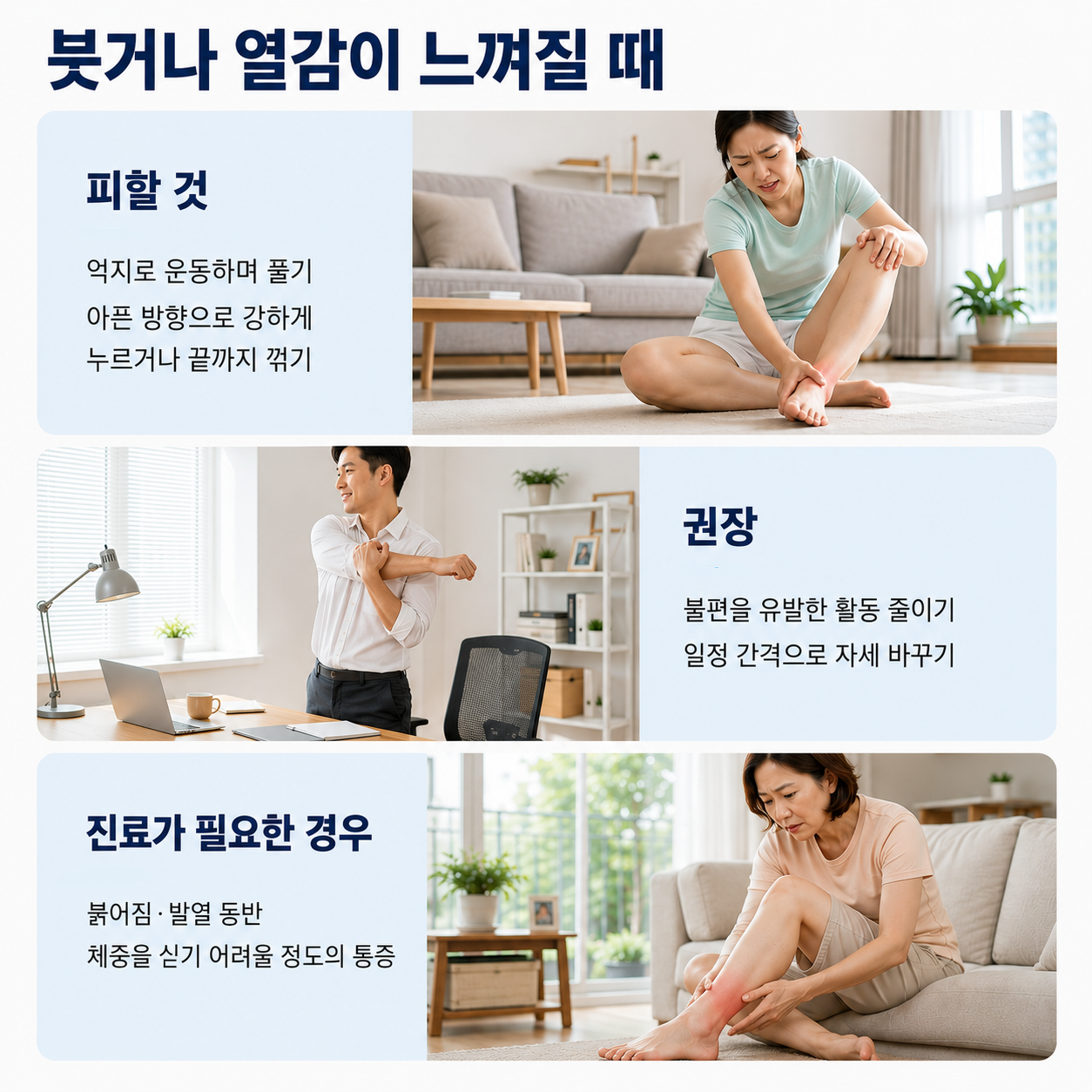 붓거나 열감이 느껴질 때 - 피할 것, 권장 사항, 진료가 필요한 경우