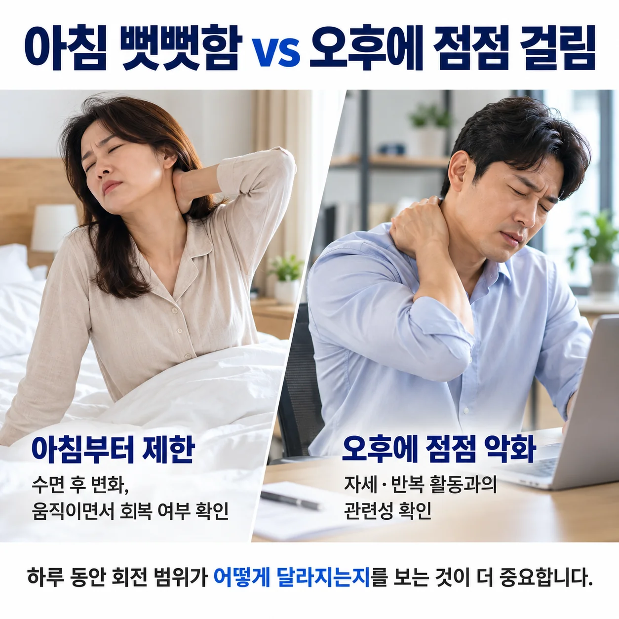 아침 뻣뻣함과 오후에 점점 걸리는 느낌 - 수면 후 변화를 확인하는 여성과 자세·반복 활동 후 악화되는 남성