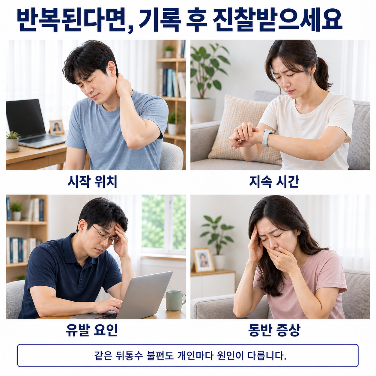 반복되는 뒤통수 불편, 기록 후 진찰받기 - 시작 위치·지속 시간·유발 요인·동반 증상 정리