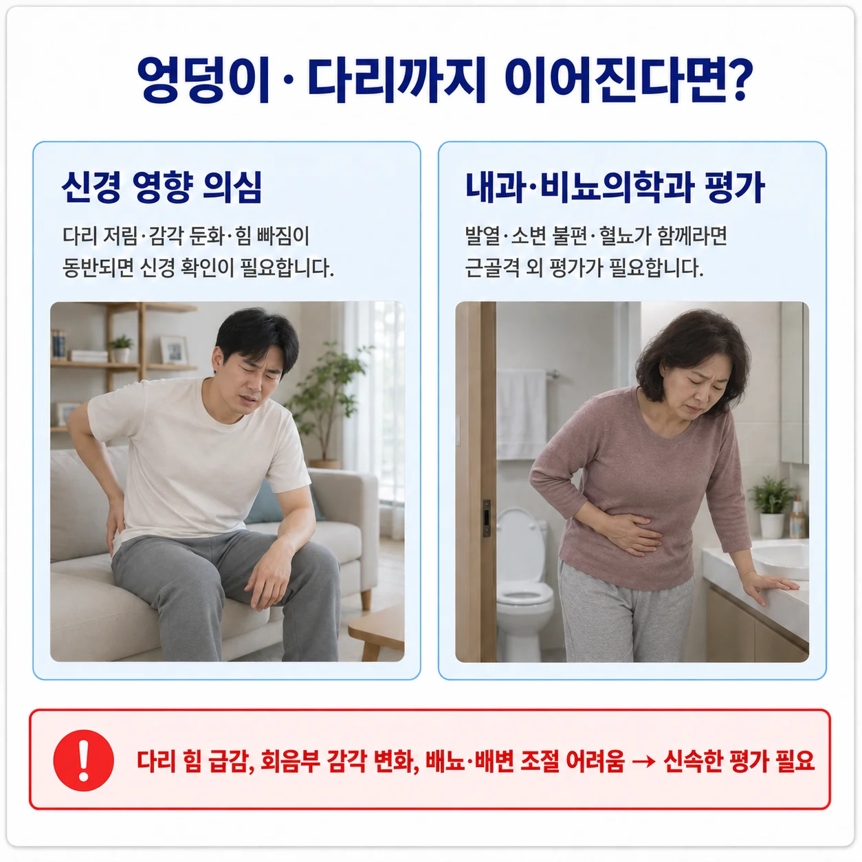엉덩이 다리까지 이어진다면 - 다리 저림으로 소파에 앉아 허리를 짚는 남성과 소변 불편으로 화장실 앞에서 배를 짚는 여성