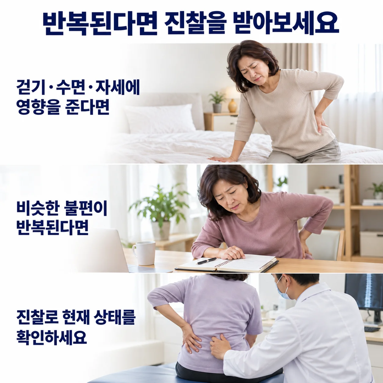 반복된다면 진찰을 받아보세요 - 침대에서 허리를 짚는 여성, 메모하며 허리를 짚는 여성, 의료진에게 허리를 진찰받는 여성