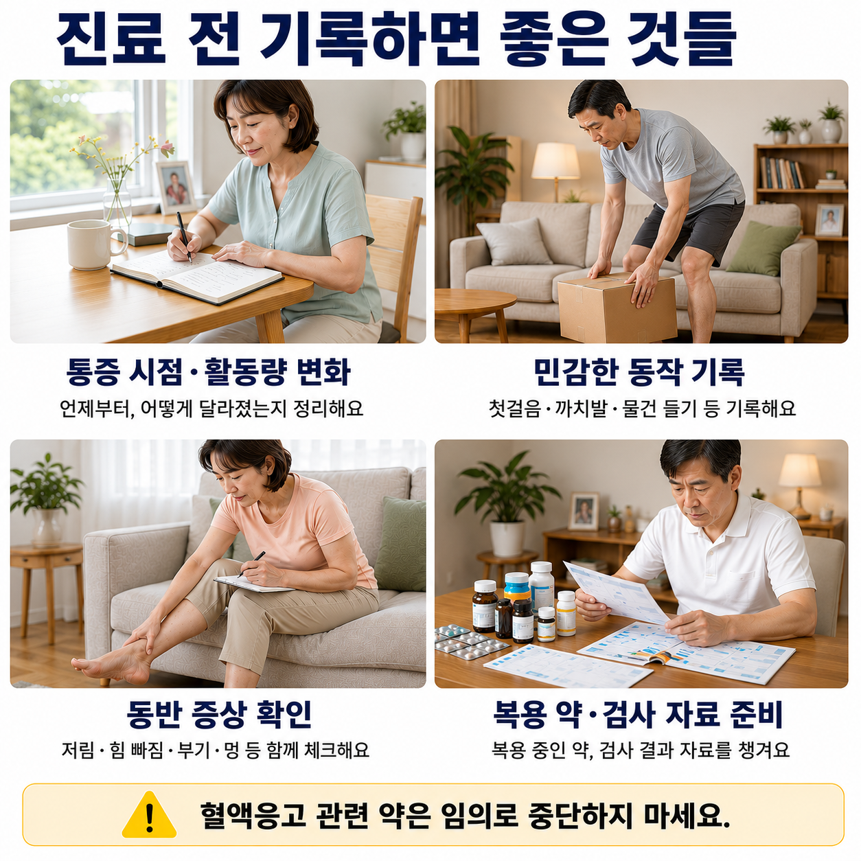 진료 전 기록하면 좋은 것들 - 통증 시점과 활동량, 민감한 동작, 동반 증상, 복용 약