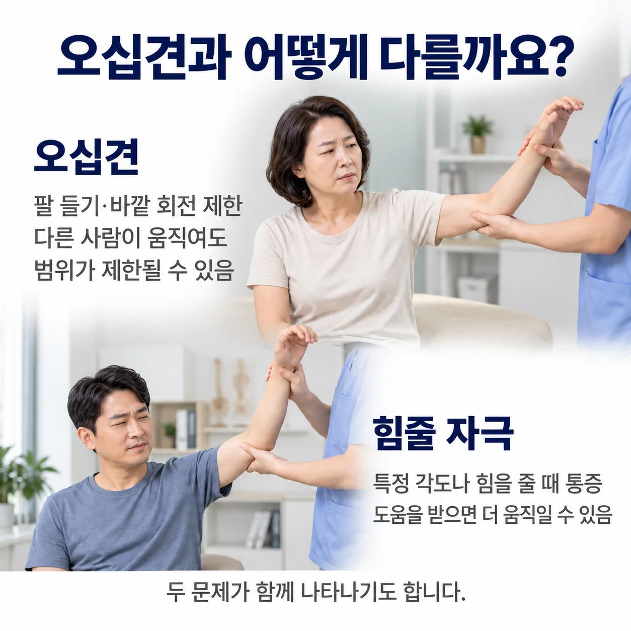 오십견과 어떻게 다를까요 - 팔 들기와 바깥쪽 돌리기 범위까지 함께 줄어드는 오십견과, 특정 각도에서만 통증이 나타나는 힘줄 자극을 비교하는 모습