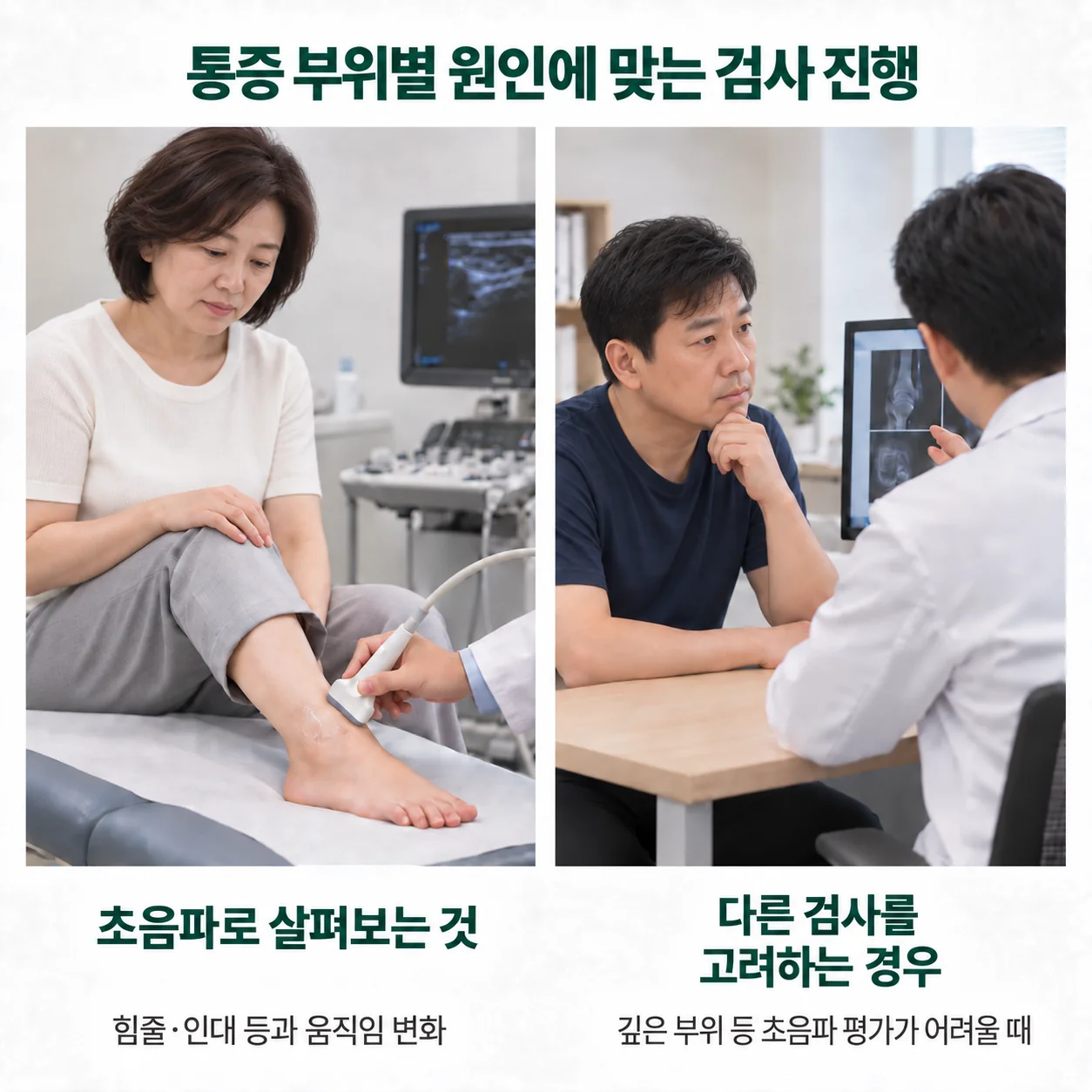 통증 부위별 원인에 맞는 검사 진행 - 발목 초음파로 힘줄·인대를 살펴보는 모습과 다른 검사를 상담하는 모습