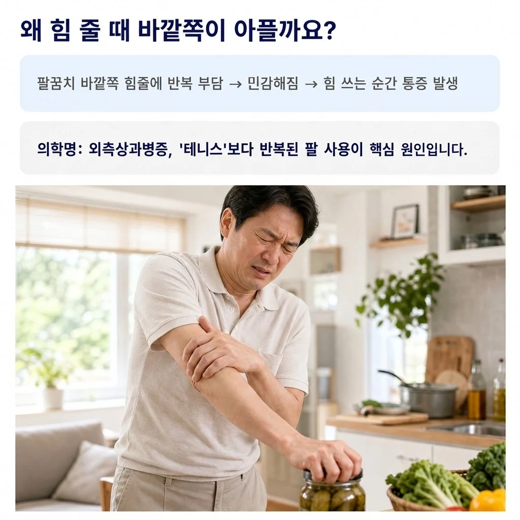왜 힘 줄 때 바깥쪽이 아플까요 - 팔꿈치 바깥쪽 힘줄에 반복 부담이 쌓여 민감해지는 과정