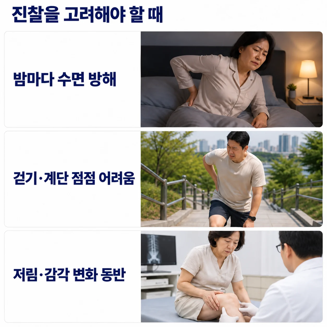 진찰을 고려해야 할 때 - 밤마다 수면 방해, 걷기·계단 이용이 점점 어려워짐, 저림·감각 변화 동반