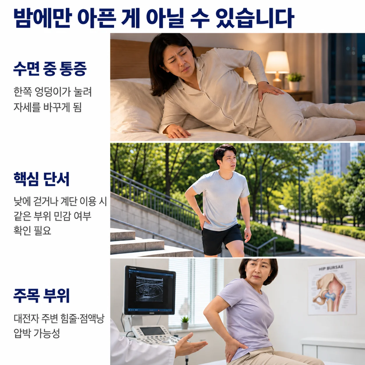 밤에만 아픈 게 아닐 수 있습니다 - 한쪽 엉덩이가 눌려 자세를 바꾸는 수면 중 통증, 낮에 걷거나 계단 이용할 때 확인해야 할 핵심 단서, 대전자 주변 힘줄·점액낭 주목 부위
