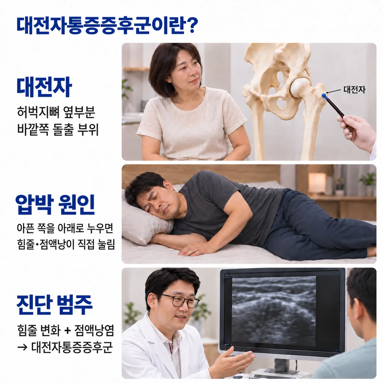대전자통증증후군이란? - 허벅지뼈 바깥쪽 대전자 위치와 아픈 쪽을 아래로 누웠을 때 힘줄·점액낭이 눌리는 압박 원인