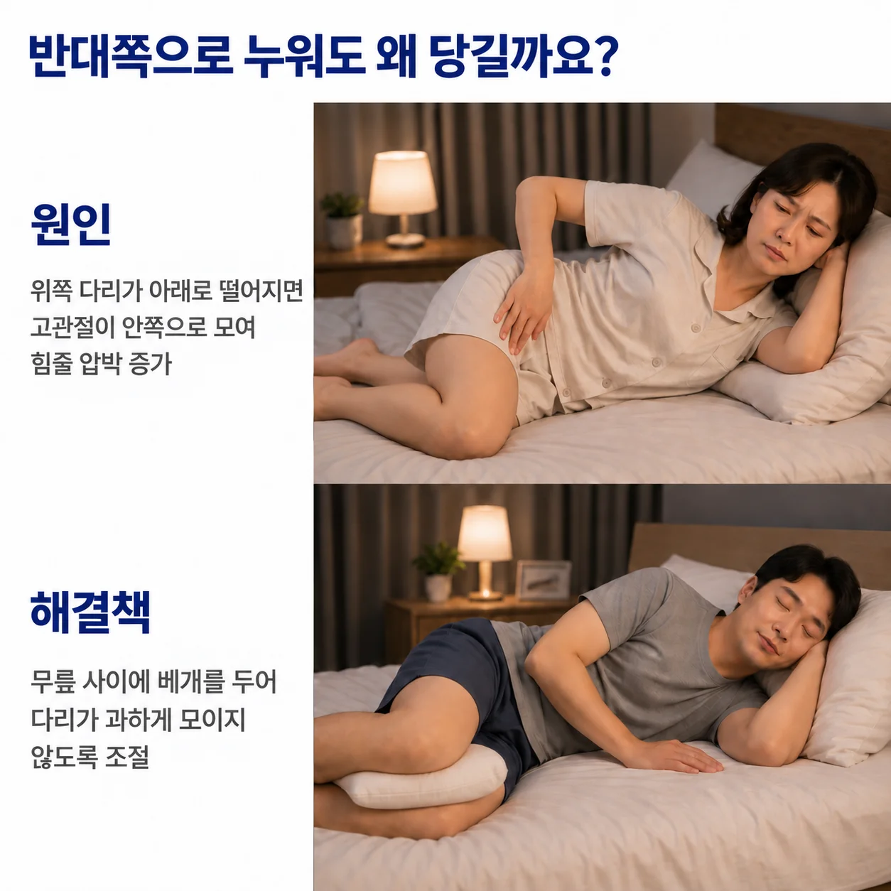 반대쪽으로 누워도 왜 당길까요 - 위쪽 다리가 안쪽으로 모이며 힘줄 압박이 커지는 원인과 무릎 사이 베개로 조절하는 해결책