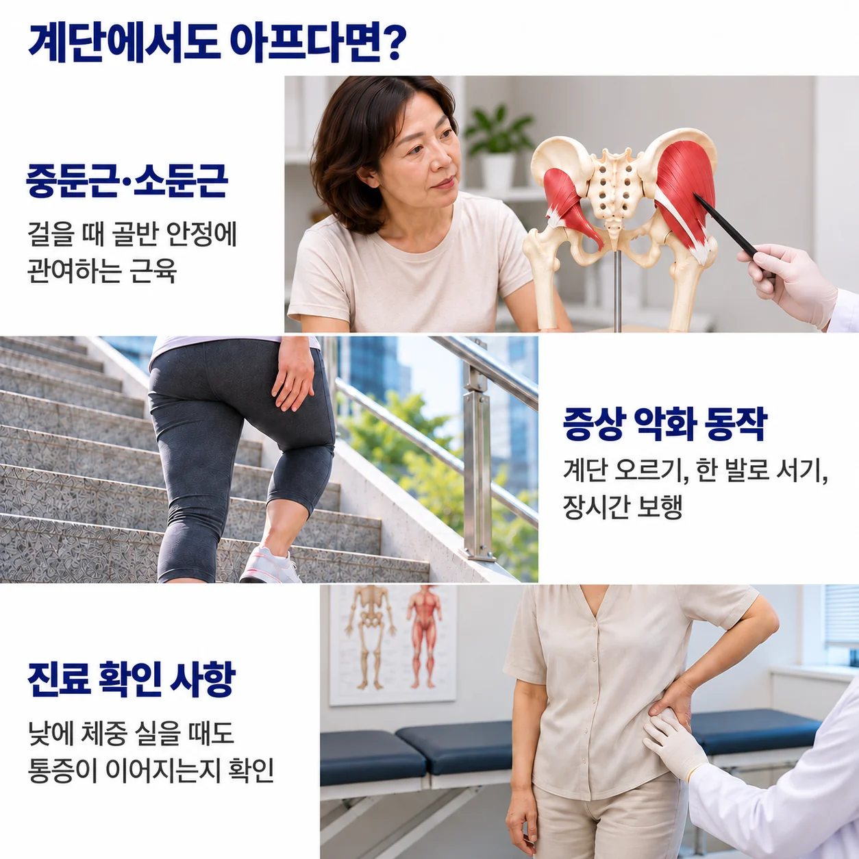 계단에서도 아프다면 - 골반 안정에 관여하는 중둔근·소둔근, 계단 오르기·한 발로 서기 같은 증상 악화 동작