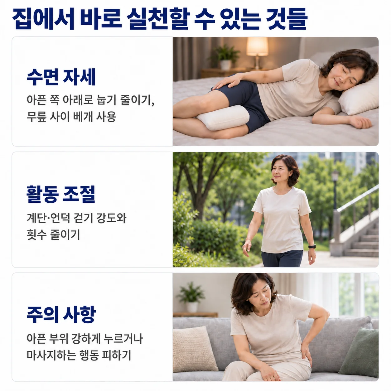 집에서 바로 실천할 수 있는 것들 - 수면 자세 조정, 활동 강도 조절, 아픈 부위를 세게 누르거나 마사지하지 않기
