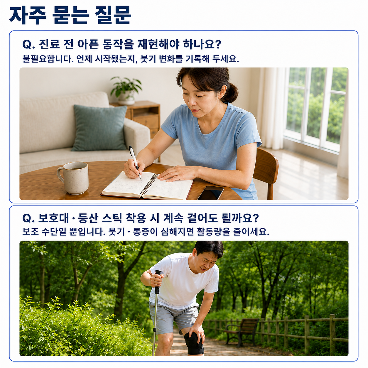 자주 묻는 질문 - 아픈 동작 재현 여부, 보호대·등산 스틱 사용 시 주의점