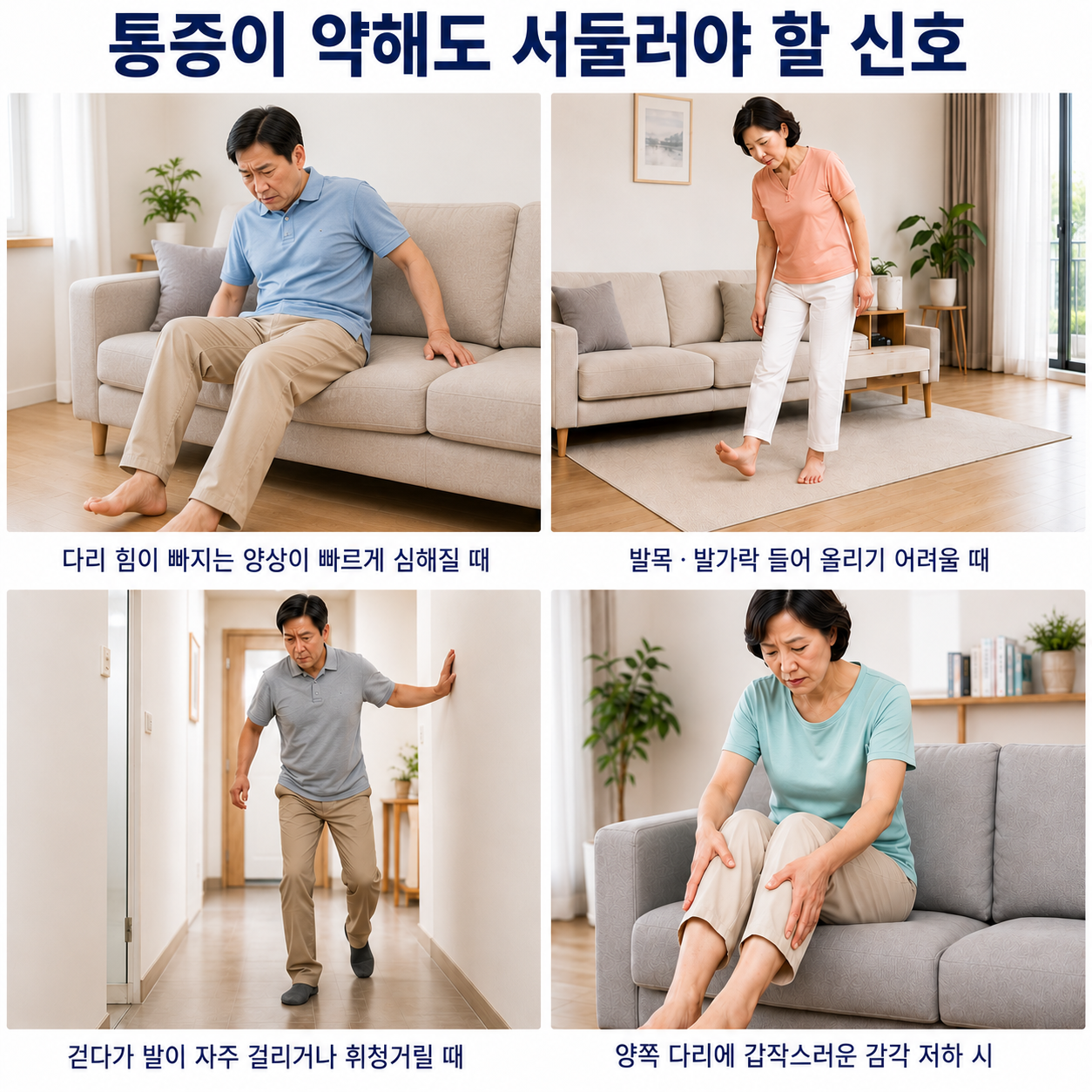 통증이 약해도 서둘러야 할 신호 - 다리 힘 빠짐, 발목·발가락 들기 어려움, 보행 중 휘청거림, 양쪽 다리 감각 저하