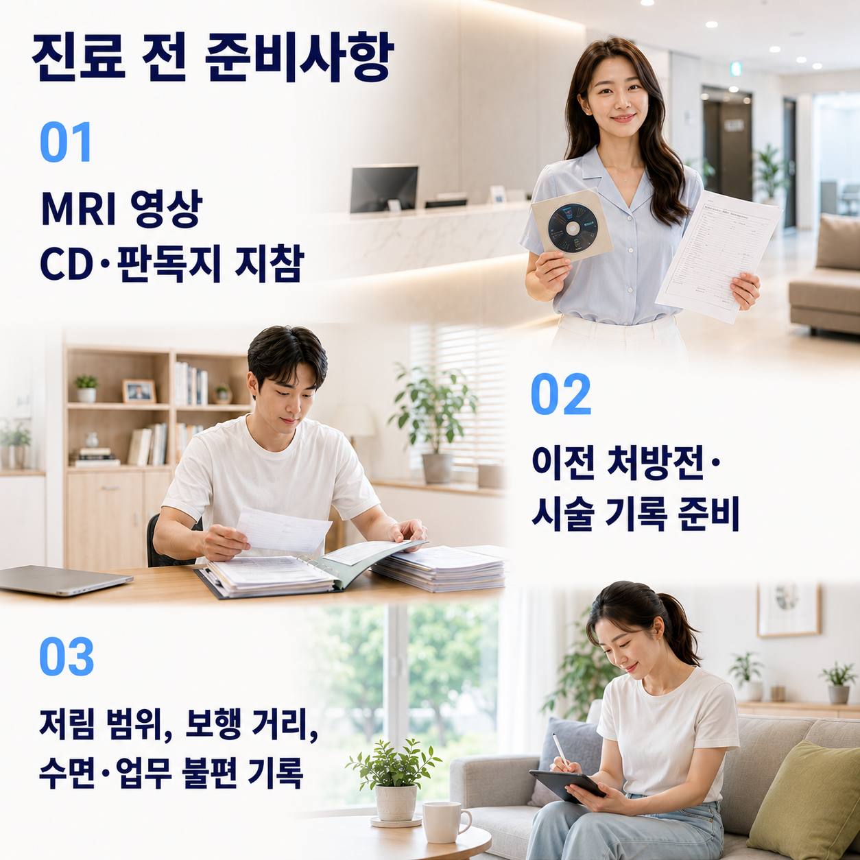 진료 전 준비사항 - MRI 영상 CD와 판독지 지참, 이전 처방전과 시술 기록 준비, 저림 범위와 보행 거리 기록