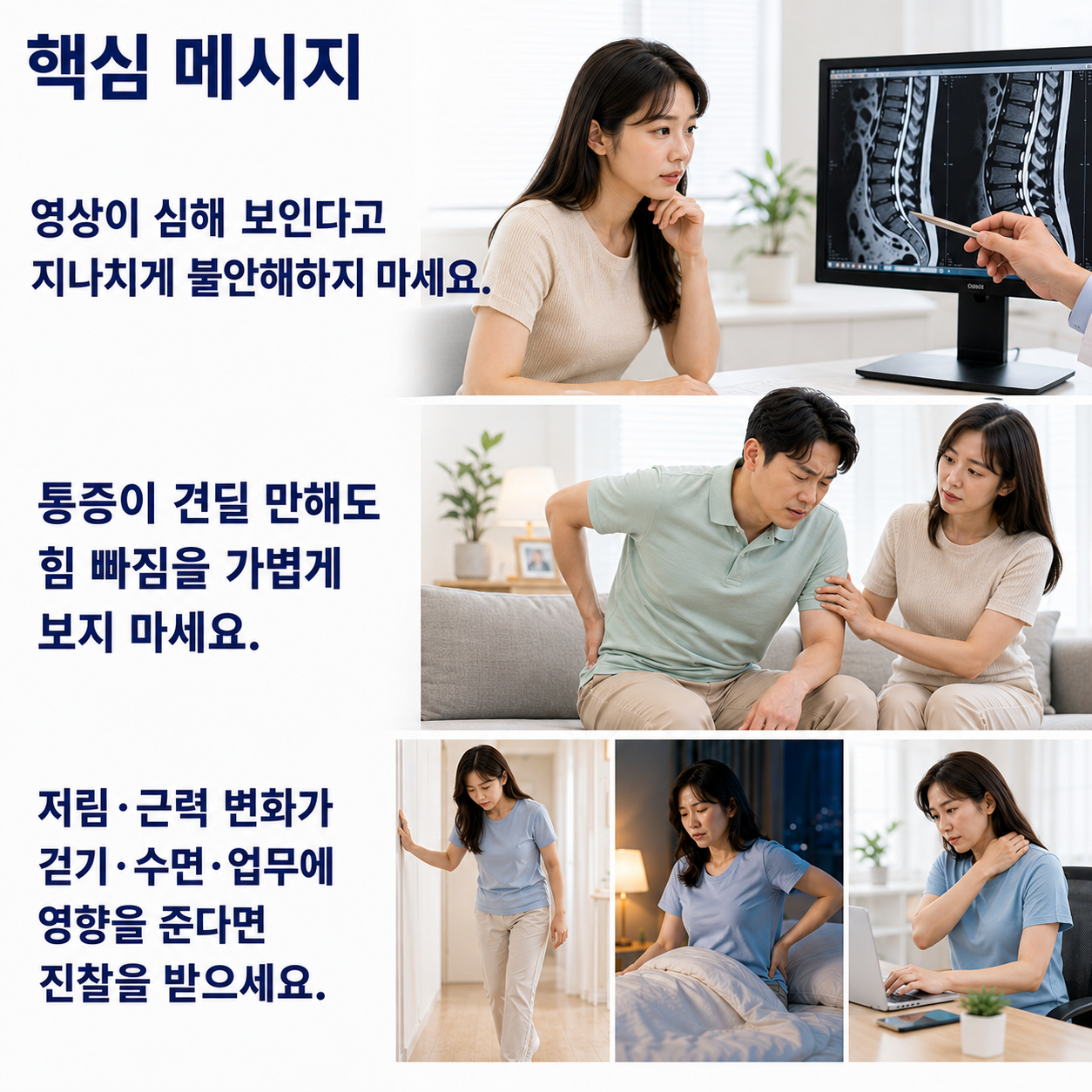 핵심 메시지 - 영상만으로 불안해하지 않기, 힘 빠짐을 가볍게 보지 않기, 걷기·수면·업무에 영향을 주면 진찰받기