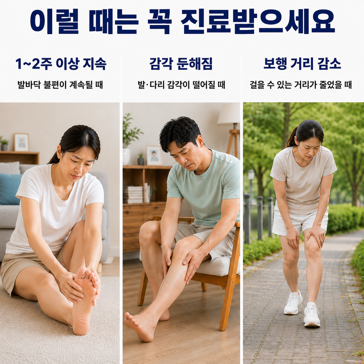 진료가 필요한 경우 - 1~2주 이상 지속, 감각 둔해짐, 보행 거리 감소